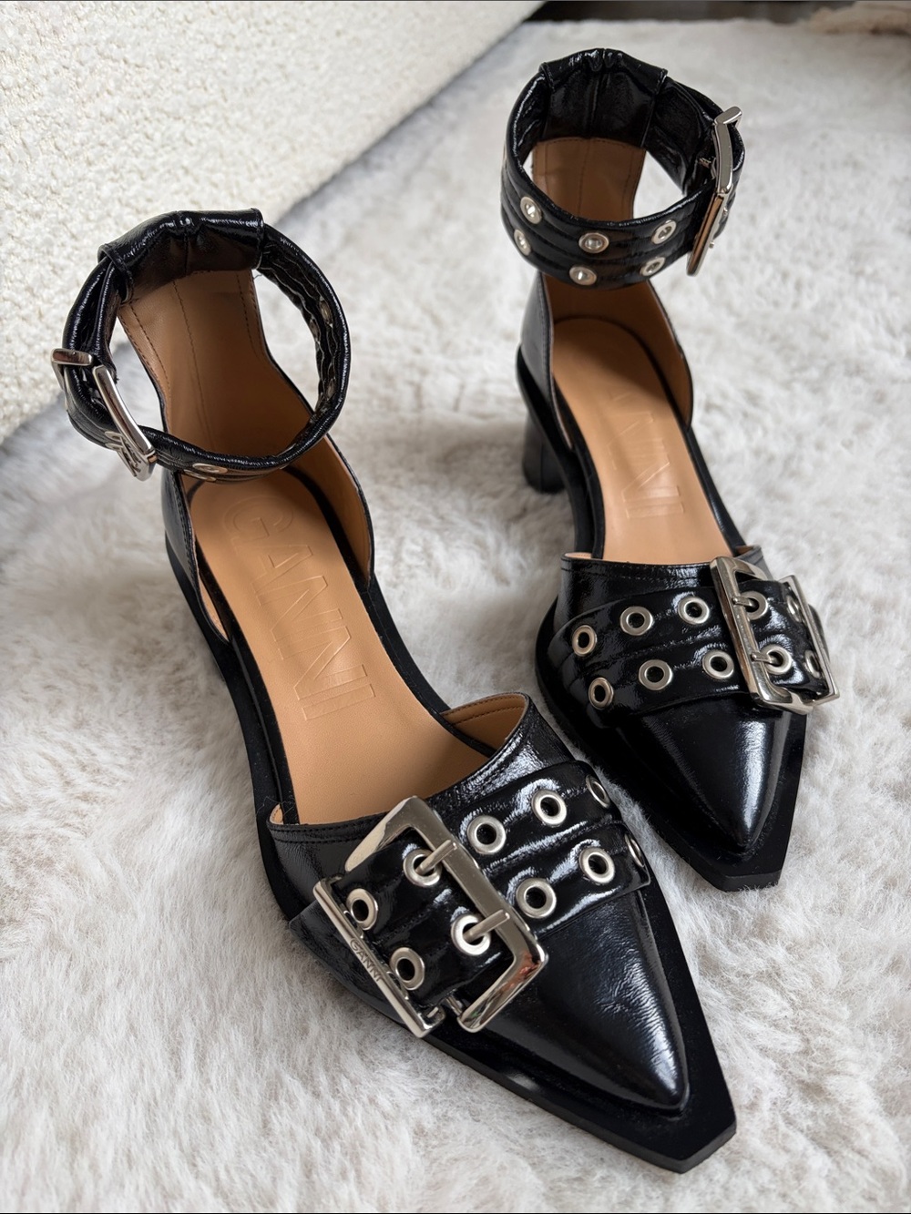 Ganni Black Pointed Toe Ankle-Strap Heels with Buckle & Grommet Detail